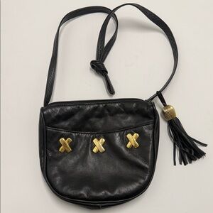 Black Leather Shoulder Bag with Gold Accents